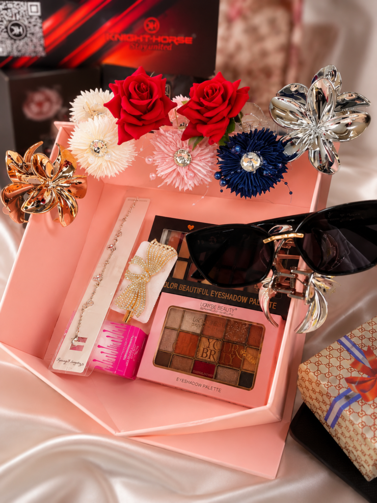 Feminine beauty gift arrangement on satin